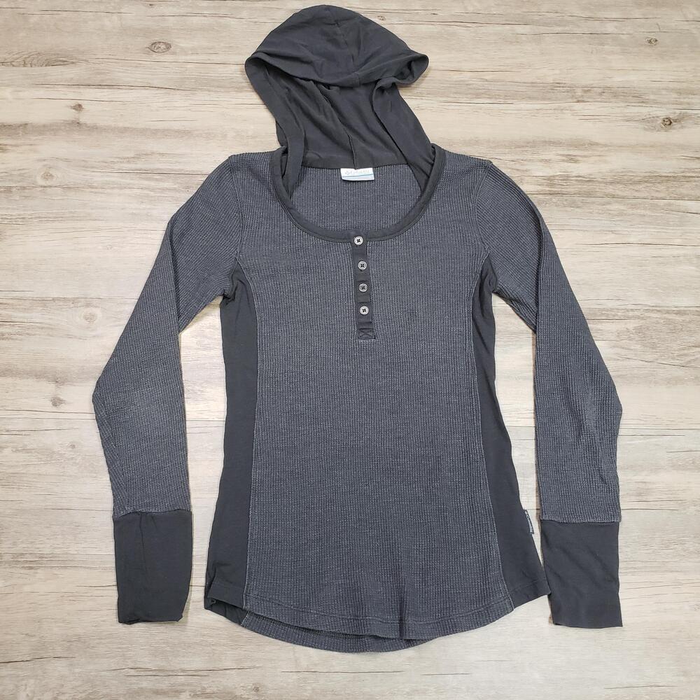 Columbia Shirt Womens Small Gray Hooded Henley Thermal Knit Long Sleeve Top